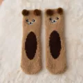 Cute brown coral fleece winter warm socks with 3D bear ears and sweet cartoon embroidery. - One Size / 05 Coffee