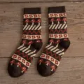 Women mid-calf wool socks winter warm brown vintage mushroom knit cute thermal hosiery - One Size / 04 Horizontal Stripe Style