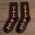 Brown wool socks for women, thick mid-tube winter knit socks with cute mushroom pattern. - One Size / 05 Large Mushroom Style