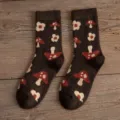 Women wool blend mid-tube socks with cute mushroom and flower knit pattern, autumn winter warm. - One Size / 06 Large & Small Mushrooms