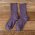 Cozy winter fleece-lined crew socks in solid purple, thick warm knitted mid-calf socks for women. - One Size / Purple
