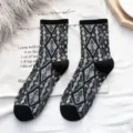 Women autumn winter mid-calf socks black grey diamond knit vintage fashion casual hosiery pair - One Size / Black