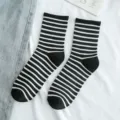 Women black and white striped cotton socks, casual short ankle socks for daily wear. - One Size / Black 01