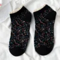 Vintage floral lace boat socks for women, cute low cut short cotton socks with ruffle trim. - One Size / Black 01