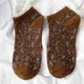 Vintage floral lace boat socks for women, retro cotton short socks variant style. - One Size / 02 Coffee