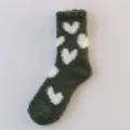 Thickened fuzzy coral fleece winter socks for women with cute white heart patterns cozy indoor - One Size / 02 Heart Army Green
