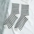 Black and white striped cotton socks, women's mid-calf casual socks for daily wear. - One Size / White 02