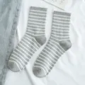 Women grey and white striped cotton mid-tube socks, soft daily casual cozy socks. - One Size / 03 Light Grey