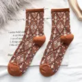 Women's autumn winter crew socks retro argyle knit patterned casual hosiery stylish daily wear - One Size / Orange