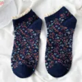 Dark blue floral ankle socks with sweet white lace trim, cute vintage style cotton socks - One Size / 04 Navy Blue