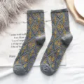 Women autumn winter mid-tube socks retro diamond pattern knit cotton warm daily casual socks - One Size / Gray