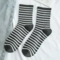 Dark grey and white striped cotton socks for women, comfortable daily casual mid-tube socks. - One Size / Dark Gray