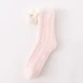 Pink coral fleece women fuzzy socks with cute white pom poms cozy winter mid calf socks - One Size / 05 Light Pink