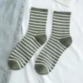 Green striped cotton socks for women, fashionable daily casual mid-calf short socks variant. - One Size / 05 Army Green