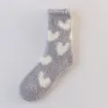 Cozy grey fuzzy fleece socks with cute white heart patterns, soft and warm for winter home. - One Size / 06 Heart Grey