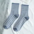 Blue and white striped women's cotton socks, casual mid-tube socks with comfortable ribbed cuffs. - One Size / 06 Denim Blue