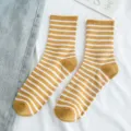 Women striped mid-calf socks casual cute yellow white cotton short socks daily wear gift - One Size / Yellow