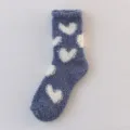 Blue grey fluffy fuzzy socks with white heart pattern, thick warm winter cozy coral fleece socks - One Size / 08 Heart Denim Blue