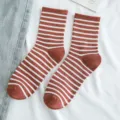 Women striped casual cotton socks caramel and white mid-calf daily wear cute fashion hosiery - One Size / 08 Orange
