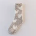 Soft fluffy coral fleece socks with cute white heart patterns, warm thick winter home floor socks. - One Size / 09 Heart Khaki