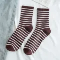 Women brown white striped cotton socks casual autumn winter cozy soft cute low cut sock - One Size / Wine Red