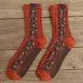Retro bloemen gebreid katoen dames sokken middenhoog casual oranje mode stijlvol. - Eén maat / Baksteenrood