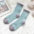 Cozy plush winter socks for women, soft fuzzy fleece crew socks in green and grey color block. - One Size / 05 Light Blue