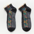 Women retro floral lace trim short socks comfortable cotton daily casual black ankle socks - One Size / Black 01