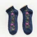 Women's Japanese Style Floral Embroidered Navy Blue Crew Socks with Lace Trim Variant - One Size / Navy