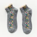 Women's Japanese floral lace short socks, grey cotton blend ankle socks for daily casual wear. - One Size / 05 Grey