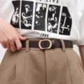 Women retro thin brown leather belt with metal oval buckle fashion vintage trousers accessory. - Coffee