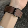 Brown litchi grain leather watch strap with magnetic folding buckle for smartwatches - Dark Brown