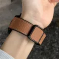 Brown litchi grain leather watch strap with magnetic folding buckle for smart watch variant - Light Brown
