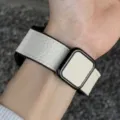 White litchi leather watch strap with magnetic folding buckle for smart watch use. - White