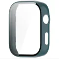 Gedetailleerd overzicht van de donkergroene smartwatch beschermhoes met gehard glas scherm. - Dennenbomen Groen