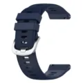Detailed view of dark blue silicone watch strap featuring diagonal texture and metal buckle. - Watch Band Width 18mm / Midnight Blue