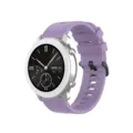 Close-up detail of the purple silicone smartwatch strap featuring silver case and black dial. - Light Purple