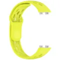 Detailed view of the yellow breathable silicone replacement watch strap with metal connectors. - Lime