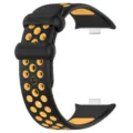 Vue detaillee du bracelet de montre connectee en silicone, noir et jaune, trous respirants. - Noir et Jaune