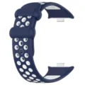 Vue détaillée du bracelet de montre de sport de remplacement en silicone perforé. - Bleu minuit et blanc