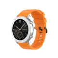 Detailed view of the vibrant orange silicone watch strap and silver smartwatch case. - Orange