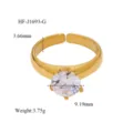 Adjustable 18K gold plated ring featuring a sparkling cubic zirconia stone with detailed dimensions. - Round Rhinestone Style (HF-J1693-G)