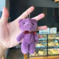 Purple plush bear keychain, cute stuffed animal doll bag pendant with ribbon bow and chain. - Purple