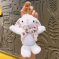 White plush rabbit keychain with floral bow, cute fluffy bunny bag pendant and accessory. - White