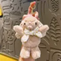 Cute plush rabbit keychain with floral bow, soft stuffed bunny bag charm pendant accessory. - Coffee