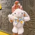 Plush rabbit keychain cute floral long eared bunny doll bag pendant fluffy toy ornament - Beige