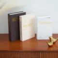 Linen texture decorative fake book storage box with gold foil art design, openable. - 3-Piece Linen Storage Set / Dark Coffee Set (Large, Medium, Small)