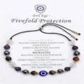Detailed view of Evil Eye protection bracelet with Amethyst and Tiger Eye stones - Fivefold Protection Cord Style / Multicolor