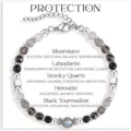 Adjustable protection bracelet featuring moonstone, labradorite, and black tourmaline beads - Protection Theme (Pearl Color)