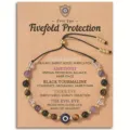 Adjustable fivefold protection gemstone beaded bracelet with evil eye display card. - Fivefold Protection Natural Stone
